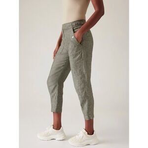 Athleta Voyager 100% Linen Pants Heather Green Adjustable Waist Tapered‎ Crop 6
